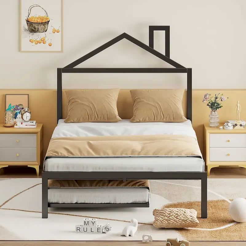 Lit plateforme en métal pleine grandeur avec lit gigogne simple