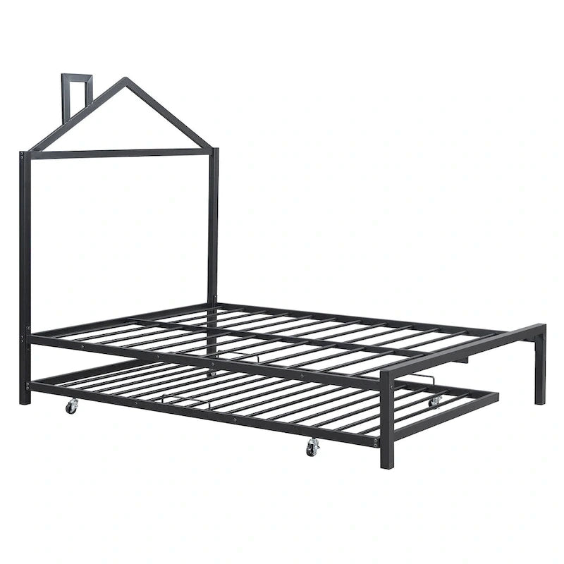 Lit plateforme en métal pleine grandeur avec lit gigogne simple