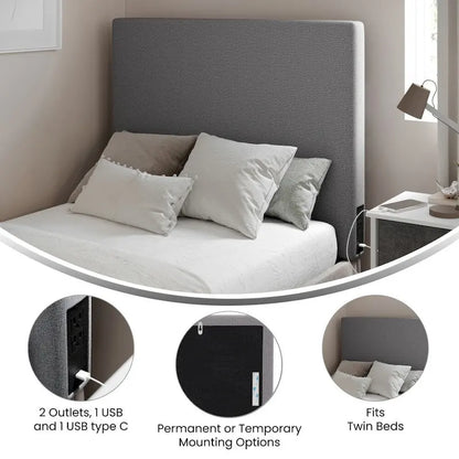 Tête de lit rembourrée avec 2 prises électriques, 1 port USB et 1 port USB-C