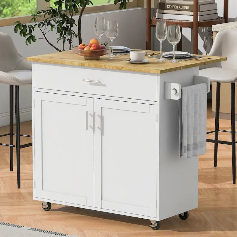 Îlot de cuisine mobile avec rangement, étagères réglables et roulettes