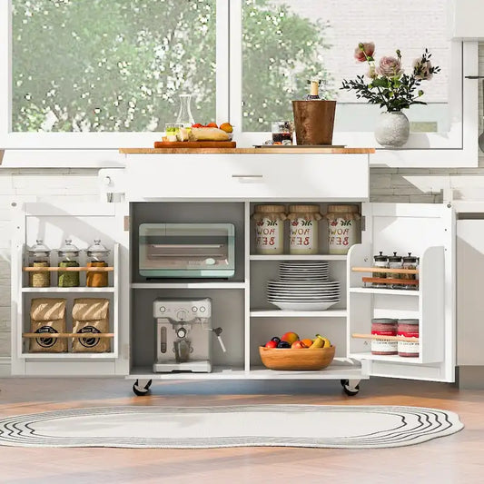 Îlot de cuisine mobile avec rangement, étagères réglables et roulettes