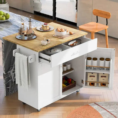 Îlot de cuisine mobile avec rangement, étagères réglables et roulettes