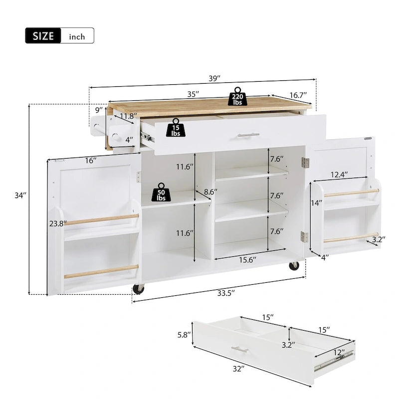 Îlot de cuisine mobile avec rangement, étagères réglables et roulettes