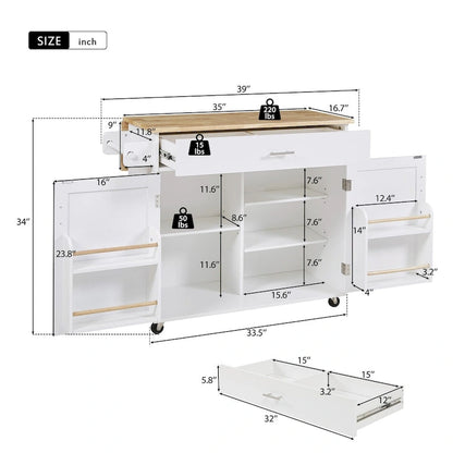 Îlot de cuisine mobile avec rangement, étagères réglables et roulettes