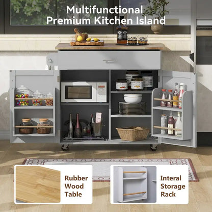 Îlot de cuisine mobile avec rangement, étagères réglables et roulettes