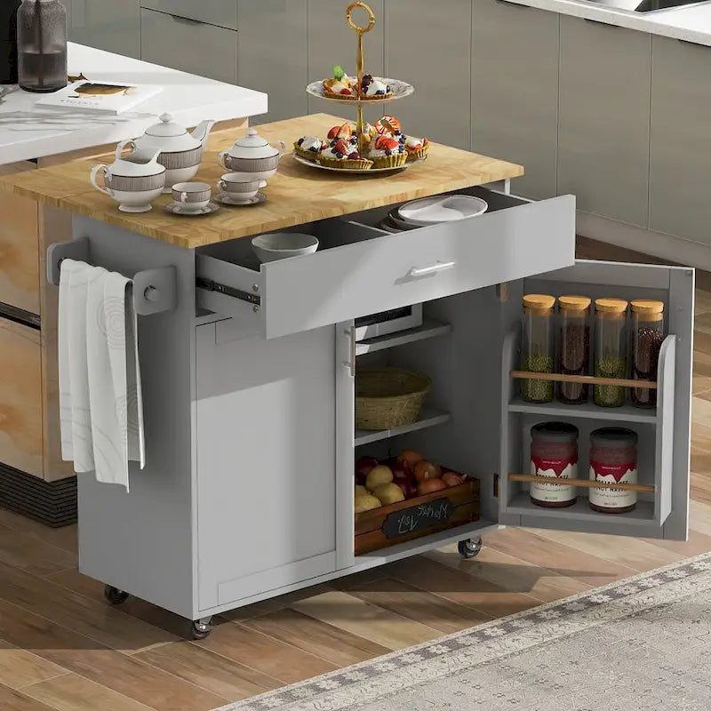 Îlot de cuisine mobile avec rangement, étagères réglables et roulettes