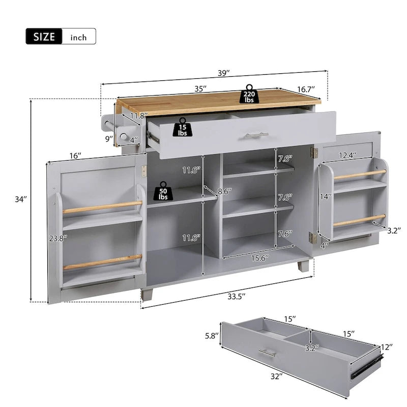 Îlot de cuisine mobile avec rangement, étagères réglables et roulettes