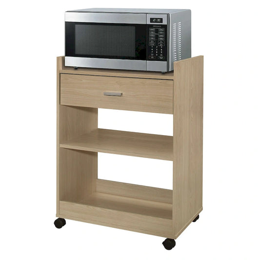 Îlot de cuisine avec chariot de service pour micro-ondes, tiroir et étagères de rangement (hêtre)