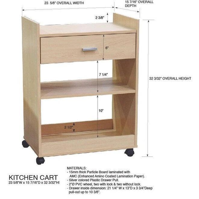Îlot de cuisine avec chariot de service pour micro-ondes, tiroir et étagères de rangement (hêtre)