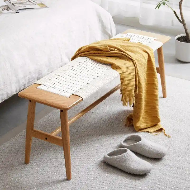 Banc de salle à manger, de lit ou d'entrée en chêne naturel tressé, avec motif tissé, idéal pour la salle à manger, la chambre ou la salle de bain. Convient également pour la chambre et la salle de bain.