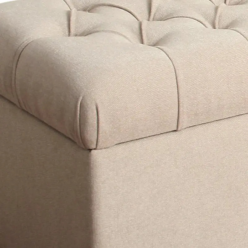 Banc en bois capitonné et recouvert de tissu avec rangement à charnières, crème et marron
