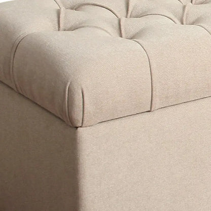 Banc en bois capitonné et recouvert de tissu avec rangement à charnières, crème et marron