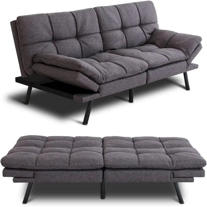 Canapé-lit convertible futon avec accoudoirs réglables, idéal pour studio, appartement, bureau et petits espaces.