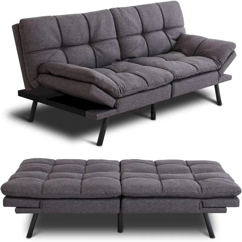 Canapé-lit convertible futon avec accoudoirs réglables, idéal pour studio, appartement, bureau et petits espaces.
