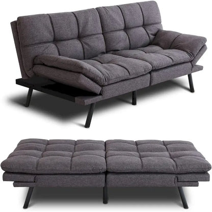 Canapé-lit convertible futon avec accoudoirs réglables, idéal pour studio, appartement, bureau et petits espaces.