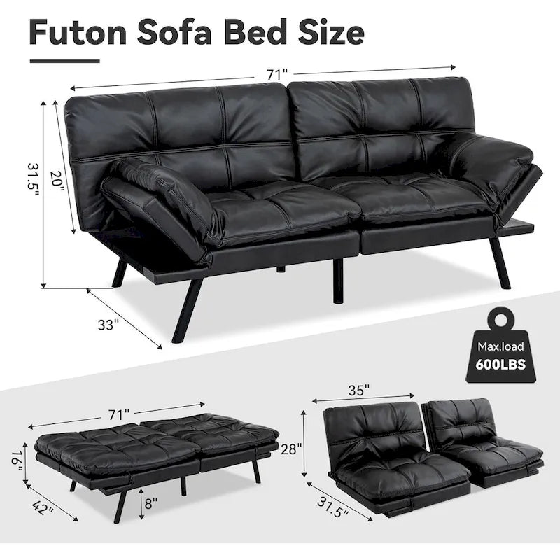 Canapé-lit convertible futon avec accoudoirs réglables, idéal pour studio, appartement, bureau et petits espaces.