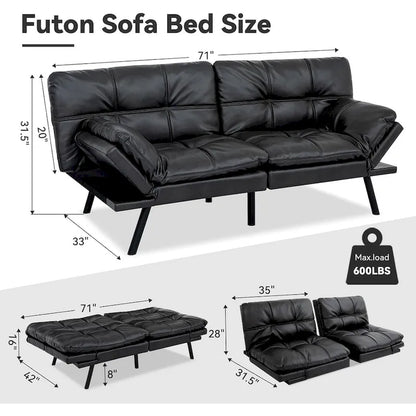 Canapé-lit convertible futon avec accoudoirs réglables, idéal pour studio, appartement, bureau et petits espaces.