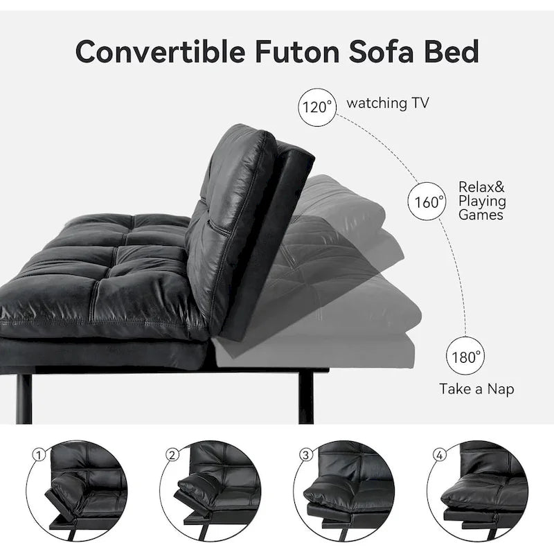 Canapé-lit convertible futon avec accoudoirs réglables, idéal pour studio, appartement, bureau et petits espaces.