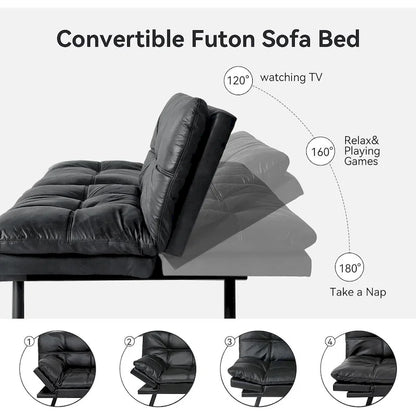 Canapé-lit convertible futon avec accoudoirs réglables, idéal pour studio, appartement, bureau et petits espaces.