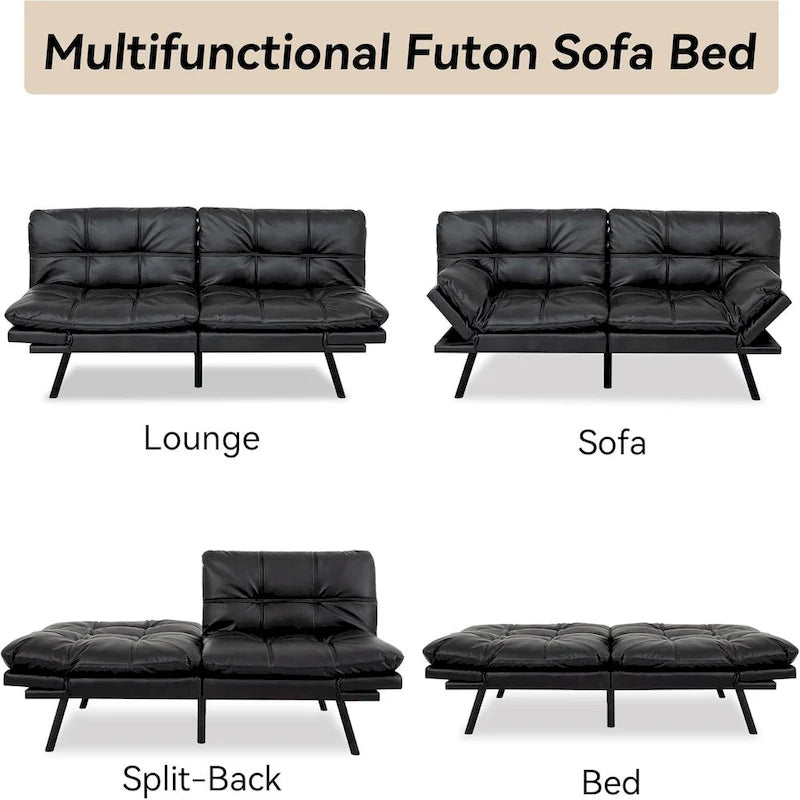 Canapé-lit convertible futon avec accoudoirs réglables, idéal pour studio, appartement, bureau et petits espaces.