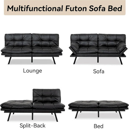 Canapé-lit convertible futon avec accoudoirs réglables, idéal pour studio, appartement, bureau et petits espaces.