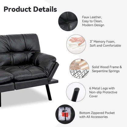 Canapé-lit convertible futon avec accoudoirs réglables, idéal pour studio, appartement, bureau et petits espaces.