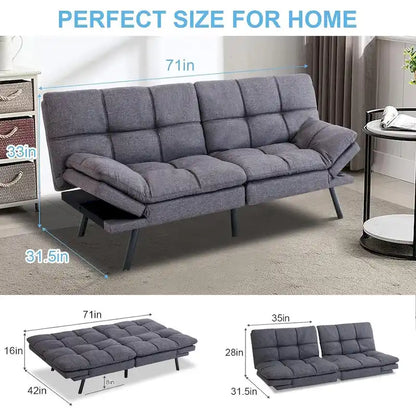 Canapé-lit convertible futon avec accoudoirs réglables, idéal pour studio, appartement, bureau et petits espaces.