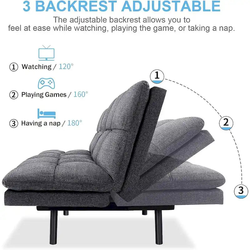 Canapé-lit convertible futon avec accoudoirs réglables, idéal pour studio, appartement, bureau et petits espaces.
