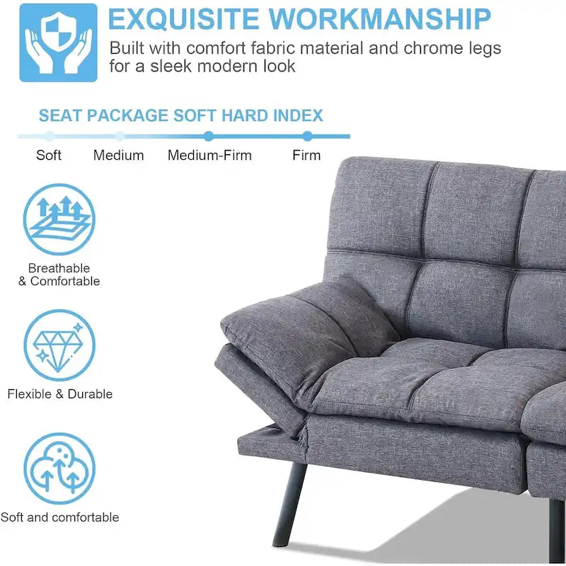 Canapé-lit convertible futon avec accoudoirs réglables, idéal pour studio, appartement, bureau et petits espaces.