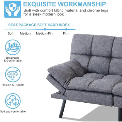 Canapé-lit convertible futon avec accoudoirs réglables, idéal pour studio, appartement, bureau et petits espaces.
