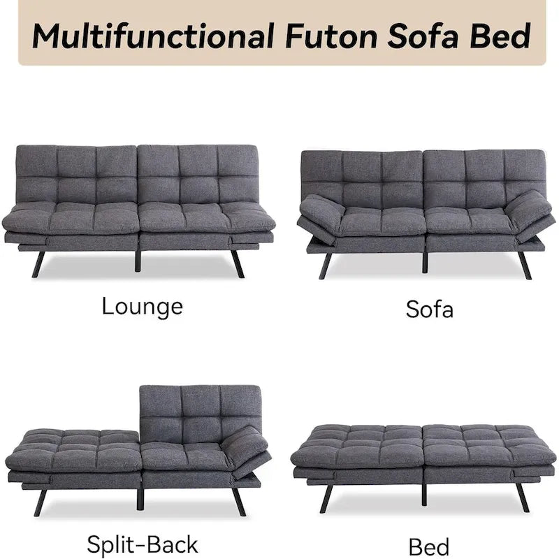 Canapé-lit convertible futon avec accoudoirs réglables, idéal pour studio, appartement, bureau et petits espaces.