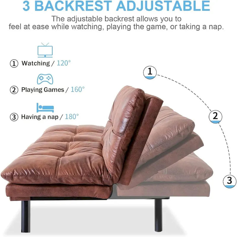 Canapé-lit convertible futon avec accoudoirs réglables, idéal pour studio, appartement, bureau et petits espaces.