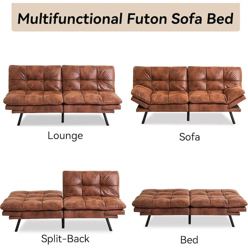 Canapé-lit convertible futon avec accoudoirs réglables, idéal pour studio, appartement, bureau et petits espaces.