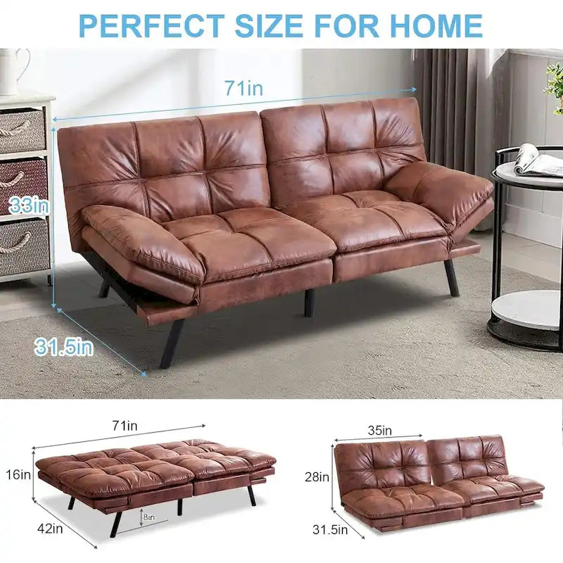 Canapé-lit convertible futon avec accoudoirs réglables, idéal pour studio, appartement, bureau et petits espaces.
