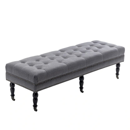Banc d'appoint en tissu Juna de Porthos Home avec pieds et roulettes en bois d'hévéa