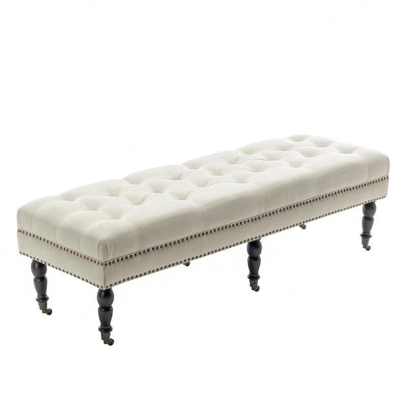 Banc d'appoint en tissu Juna de Porthos Home avec pieds et roulettes en bois d'hévéa