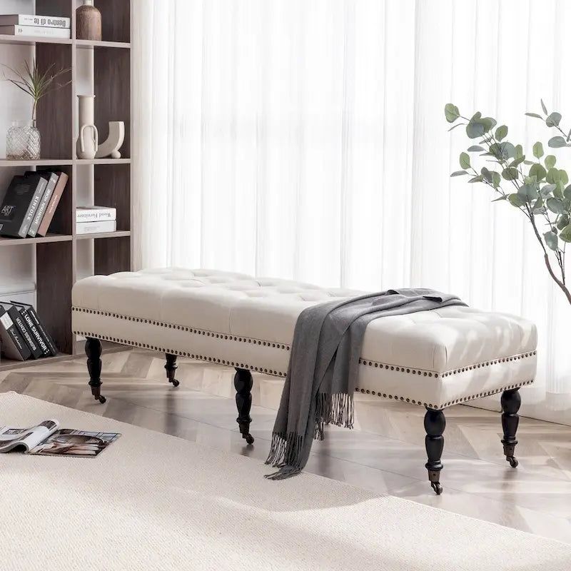 Porthos Home Juna Fabric Accent Bench with Rubberwood Legs and Wheels