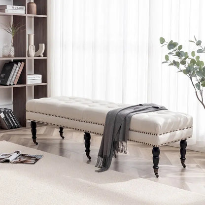 Porthos Home Juna Fabric Accent Bench with Rubberwood Legs and Wheels