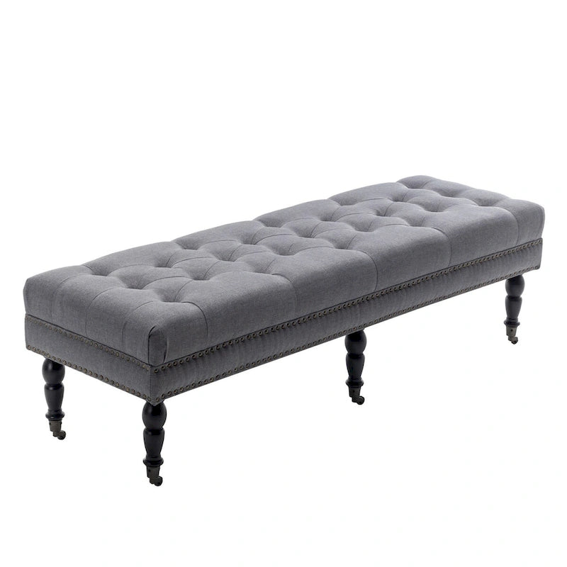 Banc d'appoint en tissu Juna de Porthos Home avec pieds et roulettes en bois d'hévéa