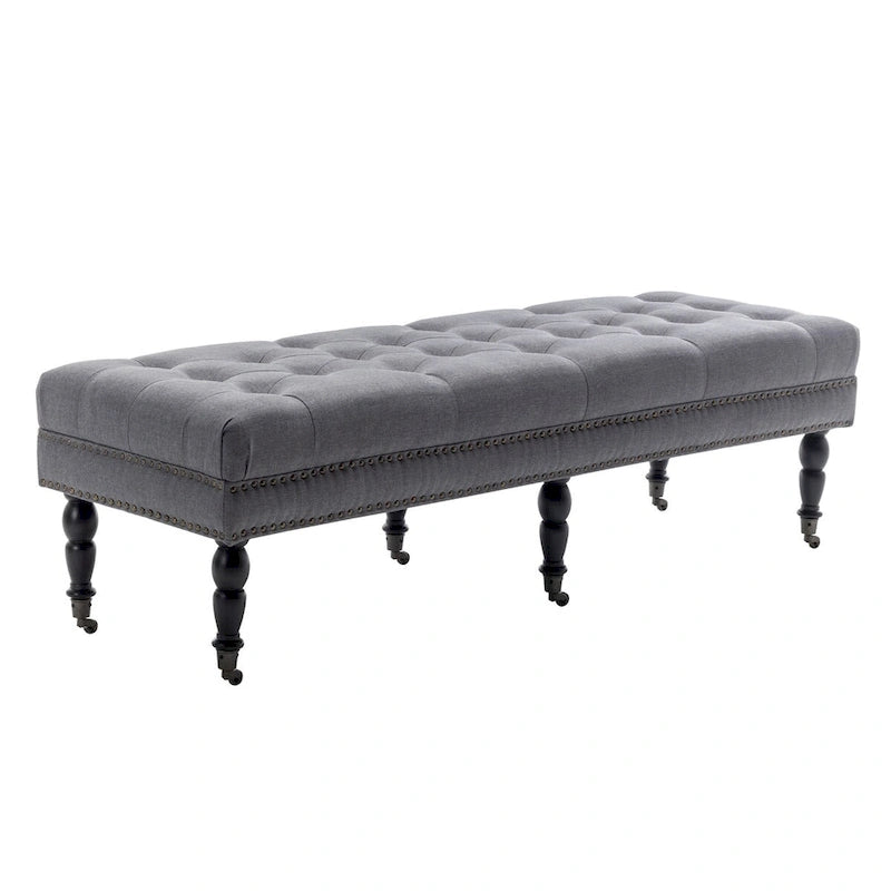 Banc d'appoint en tissu Juna de Porthos Home avec pieds et roulettes en bois d'hévéa