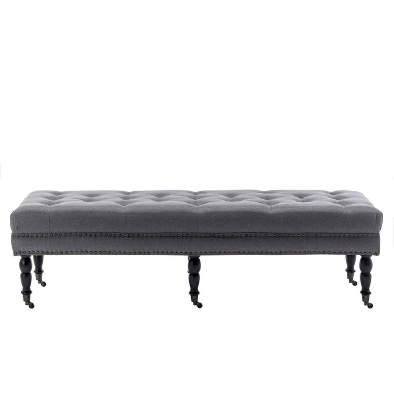 Banc d'appoint en tissu Juna de Porthos Home avec pieds et roulettes en bois d'hévéa