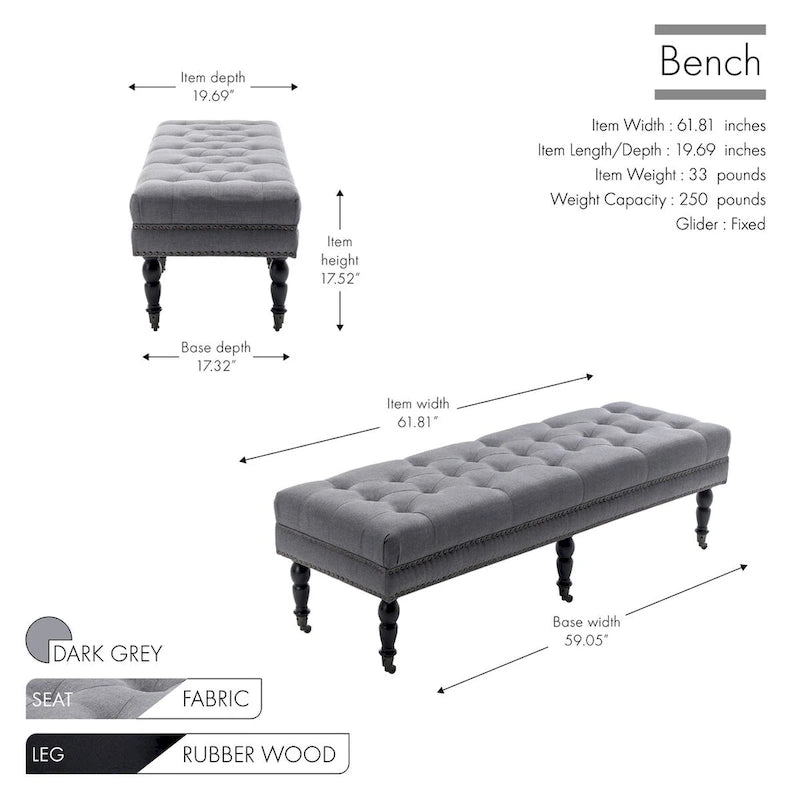 Banc d'appoint en tissu Juna de Porthos Home avec pieds et roulettes en bois d'hévéa
