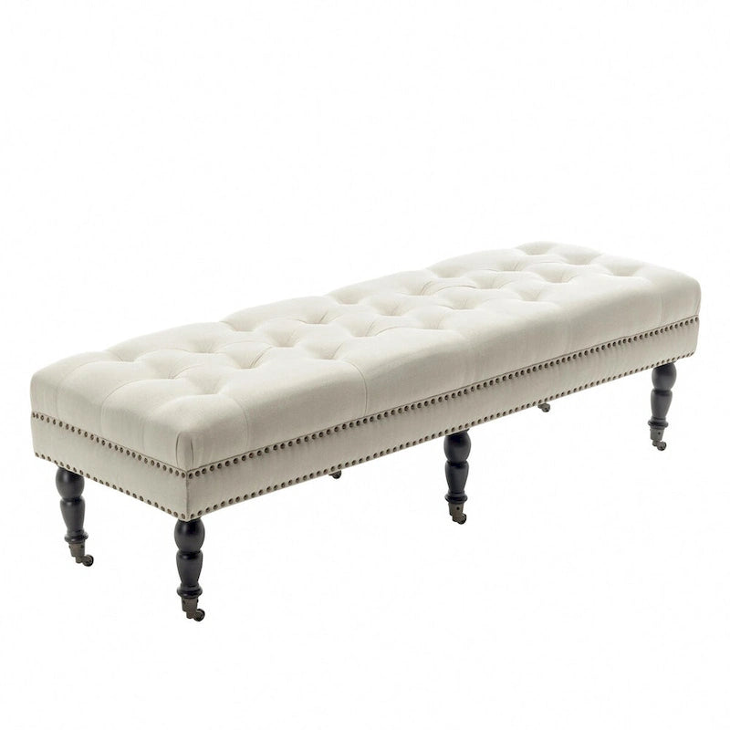 Banc d'appoint en tissu Juna de Porthos Home avec pieds et roulettes en bois d'hévéa