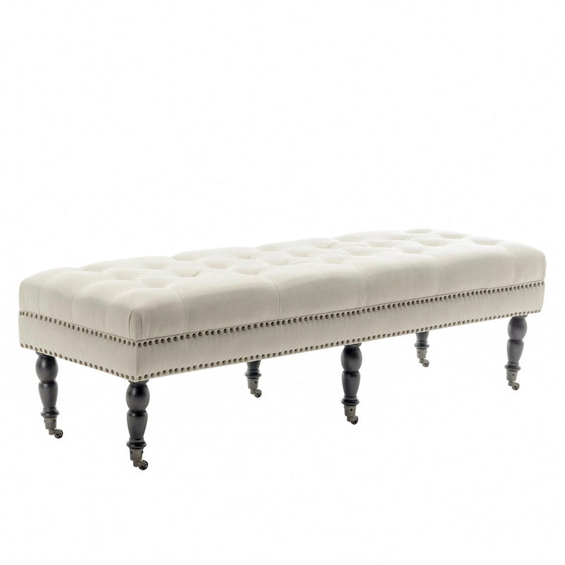 Banc d'appoint en tissu Juna de Porthos Home avec pieds et roulettes en bois d'hévéa