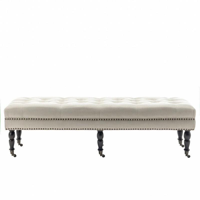 Banc d'appoint en tissu Juna de Porthos Home avec pieds et roulettes en bois d'hévéa