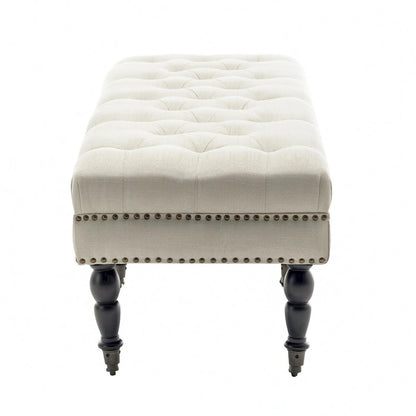Banc d'appoint en tissu Juna de Porthos Home avec pieds et roulettes en bois d'hévéa
