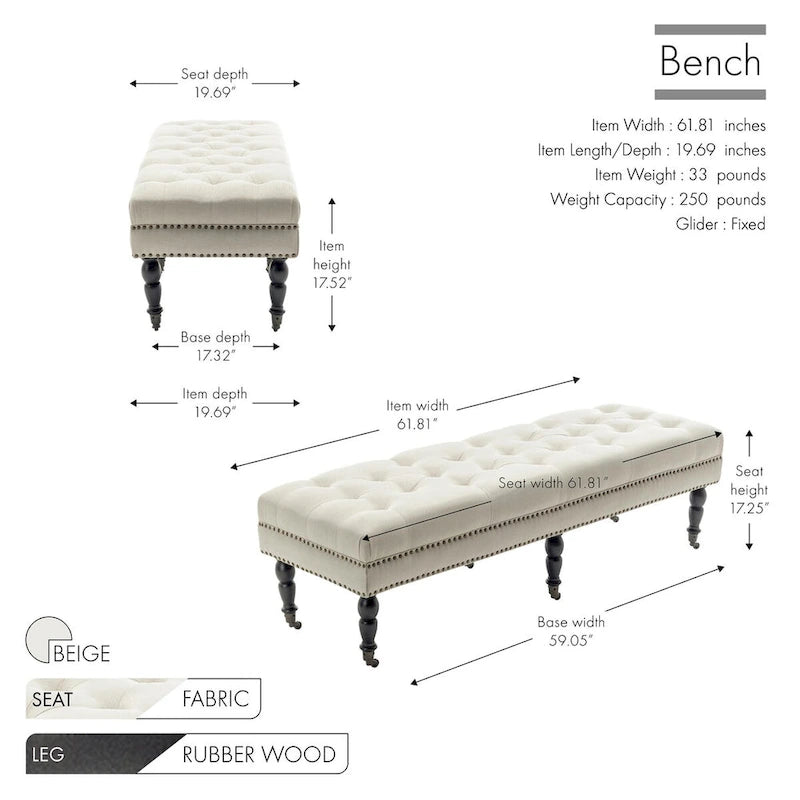 Banc d'appoint en tissu Juna de Porthos Home avec pieds et roulettes en bois d'hévéa