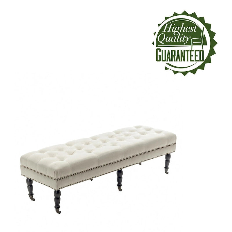 Banc d'appoint en tissu Juna de Porthos Home avec pieds et roulettes en bois d'hévéa