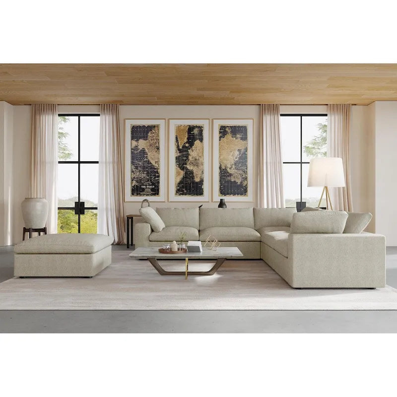 Canapé d'angle modulable Cloud, 6 places, avec coussins et pouf.