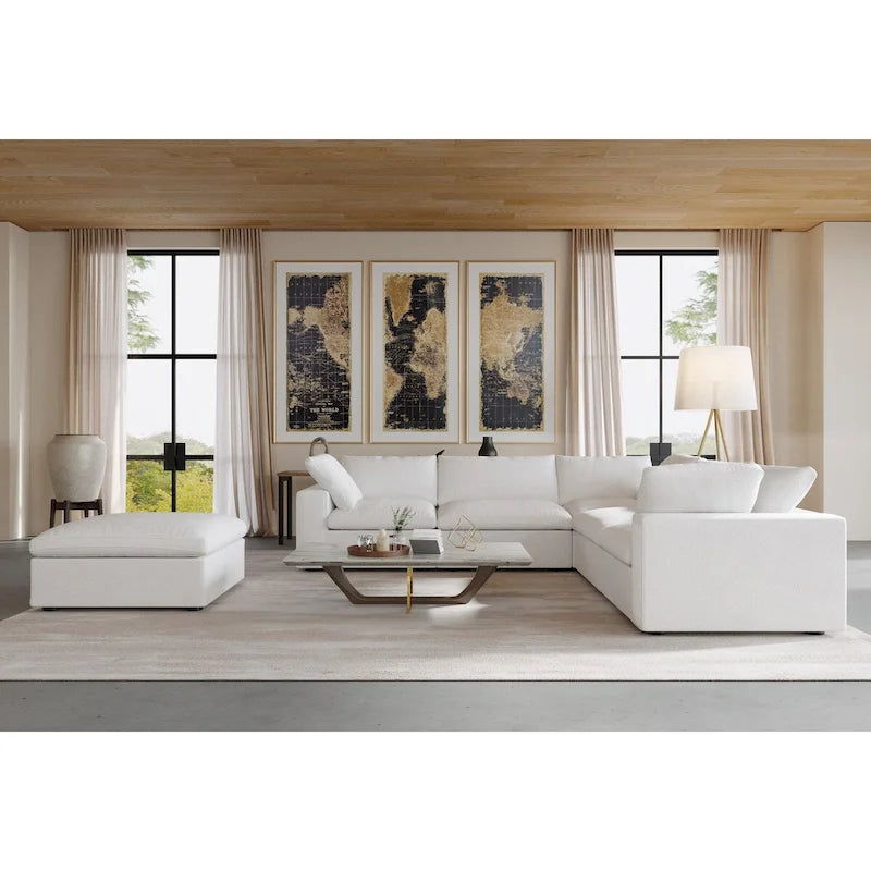 Canapé d'angle modulable Cloud, 6 places, avec coussins et pouf.